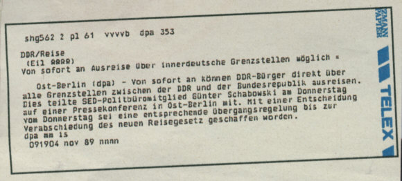 DPA-Eilmeldung zum Mauerfall, 9.11.1989