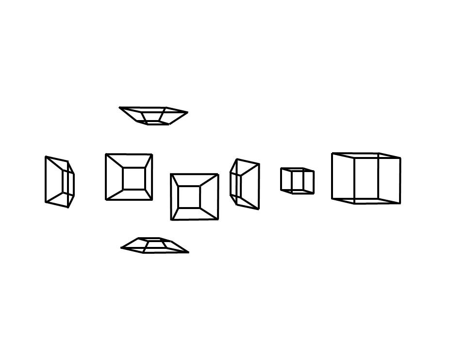 Die acht Würfel/Pyramidenstümpfe, aus denen sich der 4-dimensionale Körper zusammensetzt